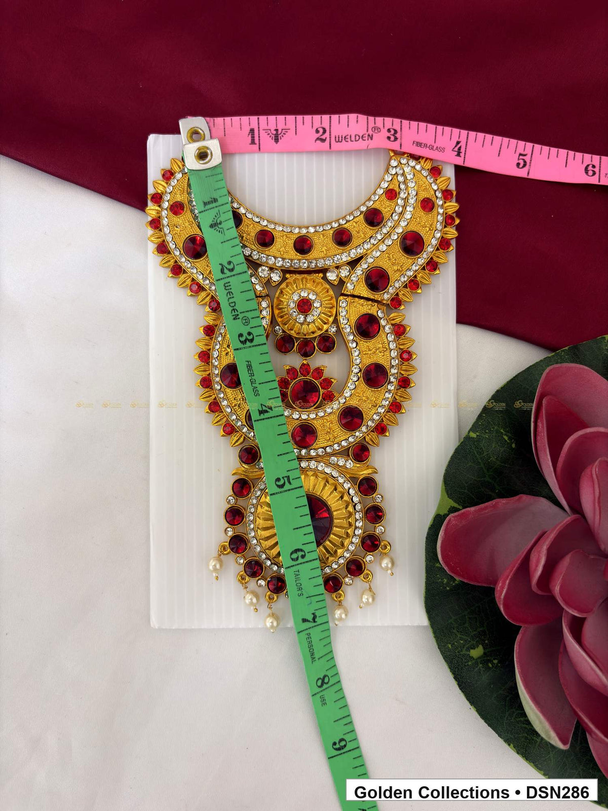 Alternate product view of Pink-Red Green Scalloped Floral Drop Deity Short Necklace for Idol Alankaram for deity idol alankaram