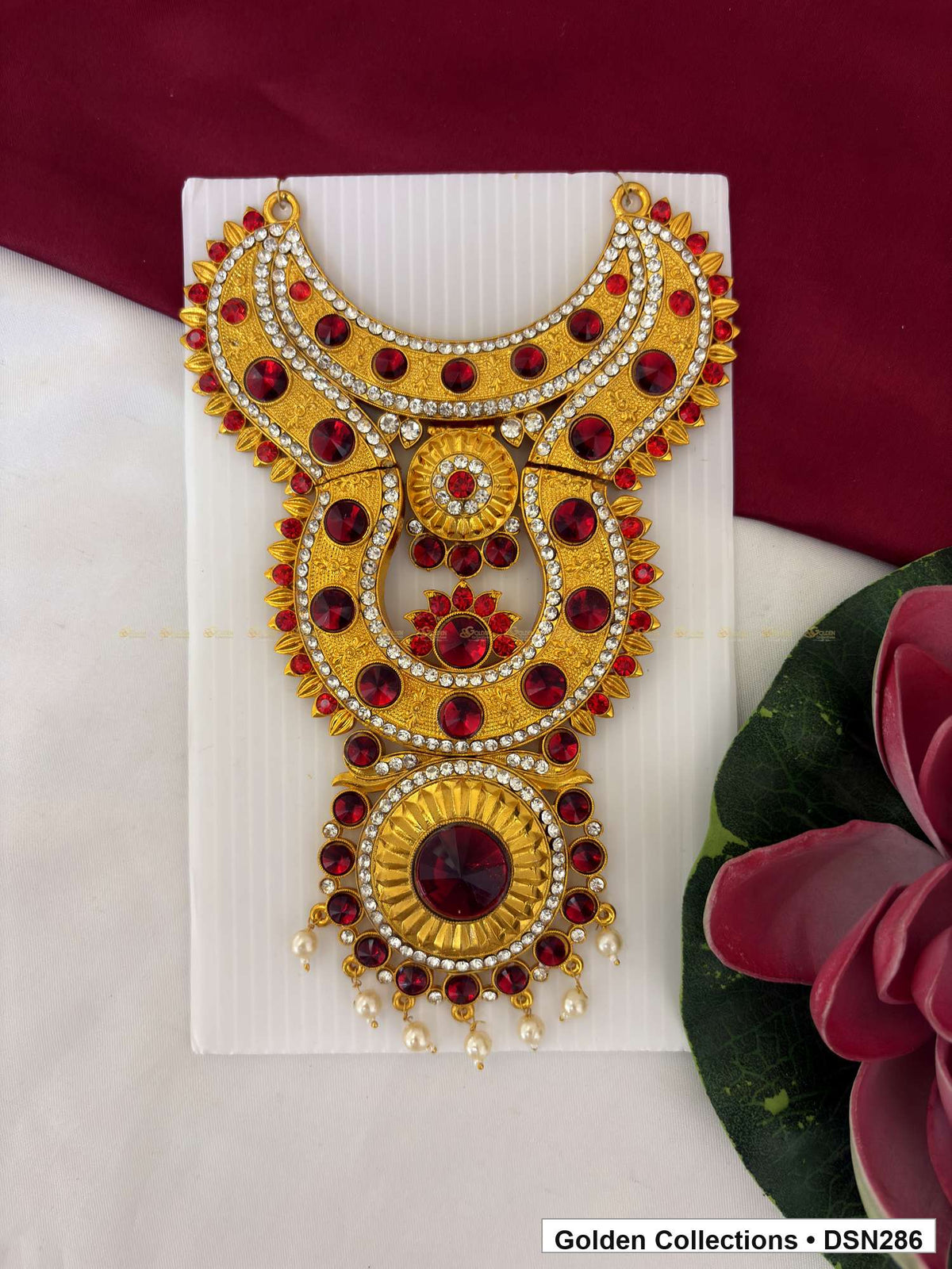 Pink-Red Green Scalloped Floral Drop Deity Short Necklace for Idol Alankaram full product view for deity idol alankaram