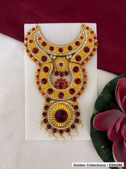Pink-Red Green Scalloped Floral Drop Deity Short Necklace for Idol Alankaram full product view for deity idol alankaram