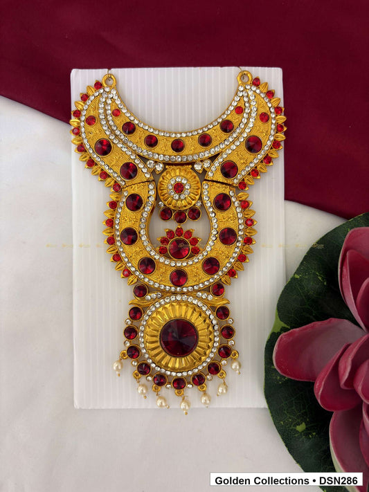 Pink-Red Green Scalloped Floral Drop Deity Short Necklace for Idol Alankaram full product view for deity idol alankaram