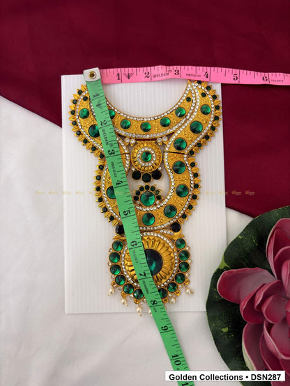 Alternate product view of Green Layered Floral Medallion with Dark Dangles Deity Short Necklace for Idol Alankaram for deity idol alankaram