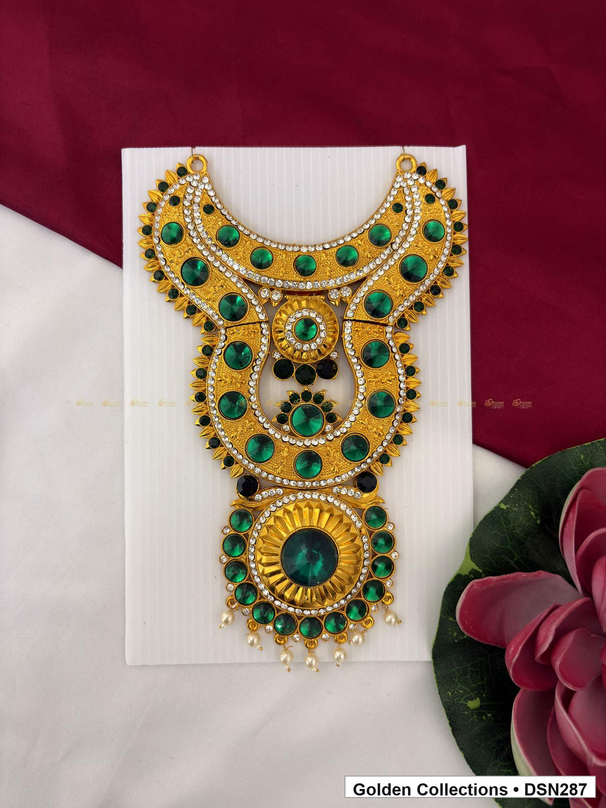 Green Layered Floral Medallion with Dark Dangles Deity Short Necklace for Idol Alankaram full product view for deity idol alankaram