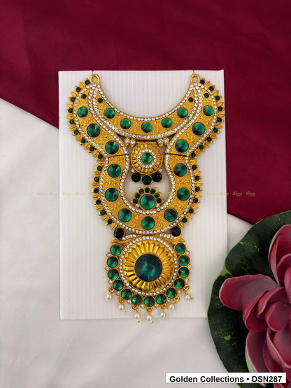 Green Layered Floral Medallion with Dark Dangles Deity Short Necklace for Idol Alankaram full product view for deity idol alankaram