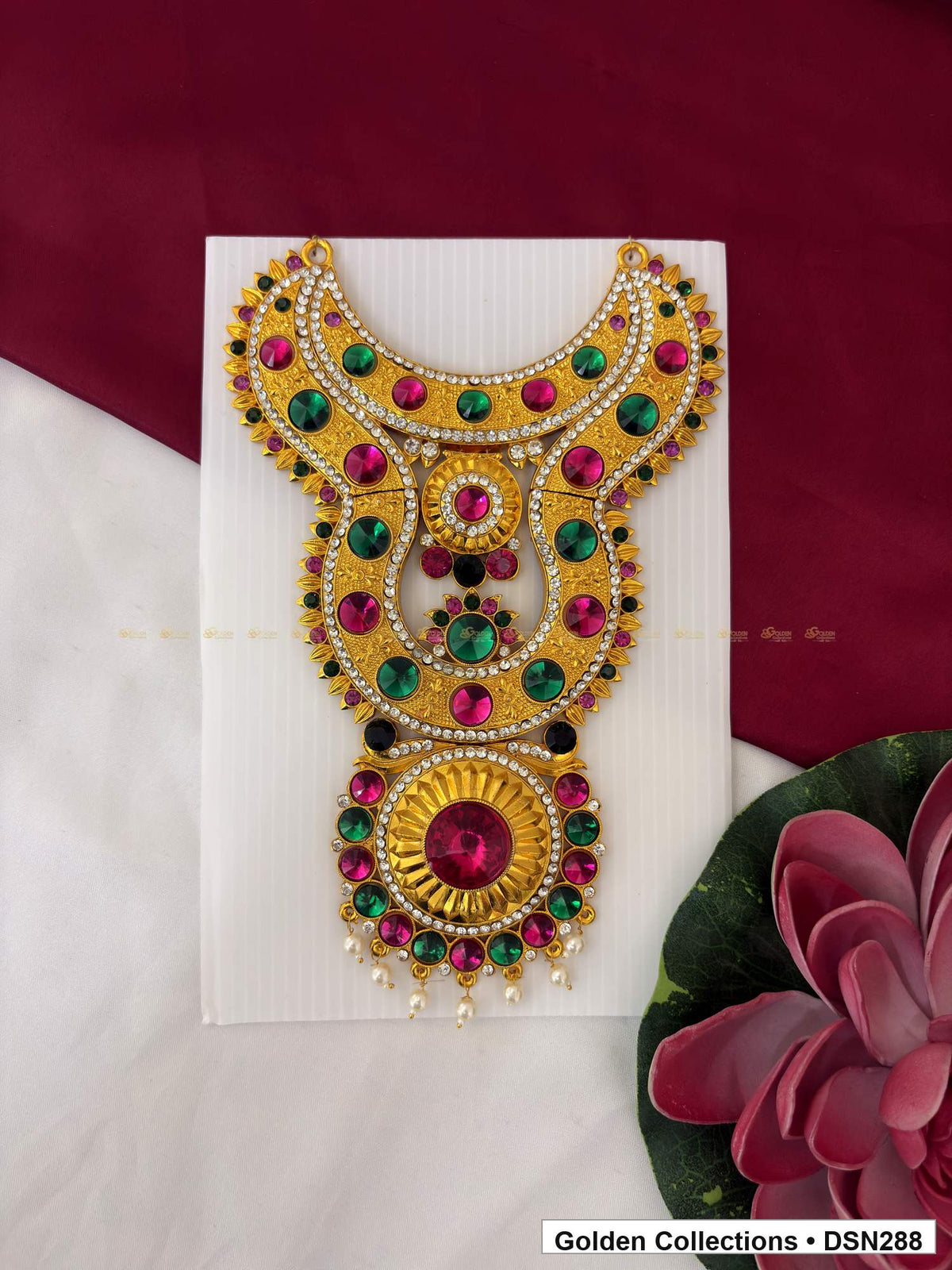Multicolor Triple-Arch Blue Sunburst Deity Short Necklace for Idol Alankaram full product view for deity idol alankaram