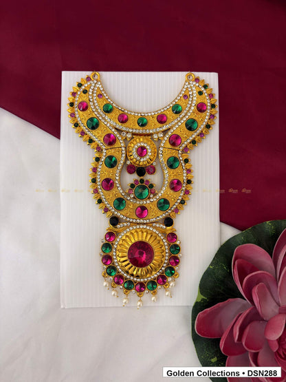 Multicolor Triple-Arch Blue Sunburst Deity Short Necklace for Idol Alankaram full product view for deity idol alankaram