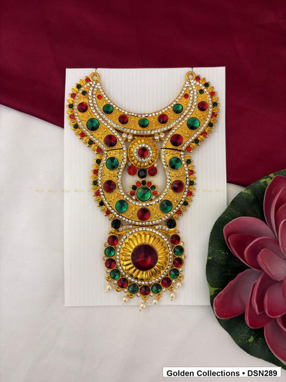 Multicolor Graduated Arch Blue-Center Deity Short Necklace for Idol Alankaram full product view for deity idol alankaram