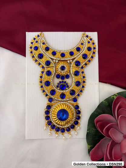 Deep Blue Triple-Arch Circular Sunburst Deity Short Necklace for Idol Alankaram full product view for deity idol alankaram