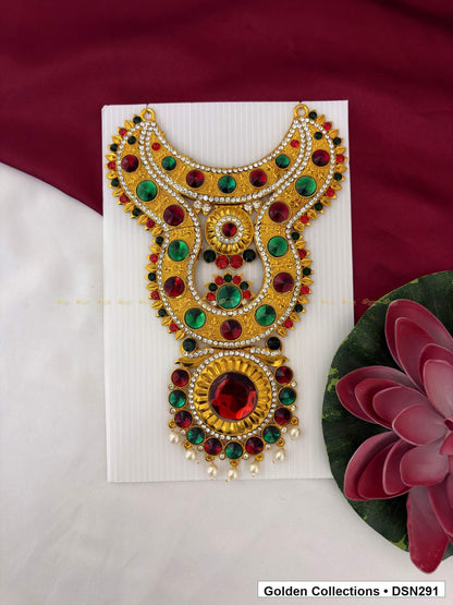 Red Green Layered Floral Circle Deity Short Necklace for Idol Alankaram full product view for deity idol alankaram