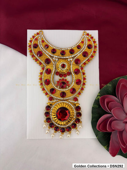 Red Graduated Arch Floral Sunburst Deity Short Necklace for Idol Alankaram full product view for deity idol alankaram