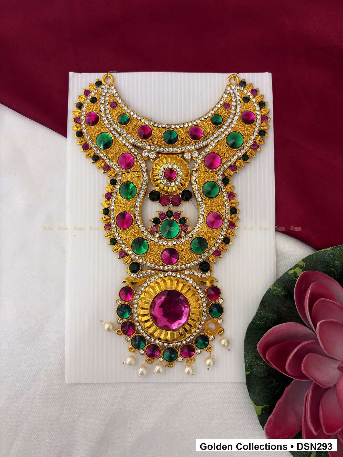 Magenta-Center Multicolor Layered Sunburst Deity Short Necklace for Idol Alankaram full product view for deity idol alankaram
