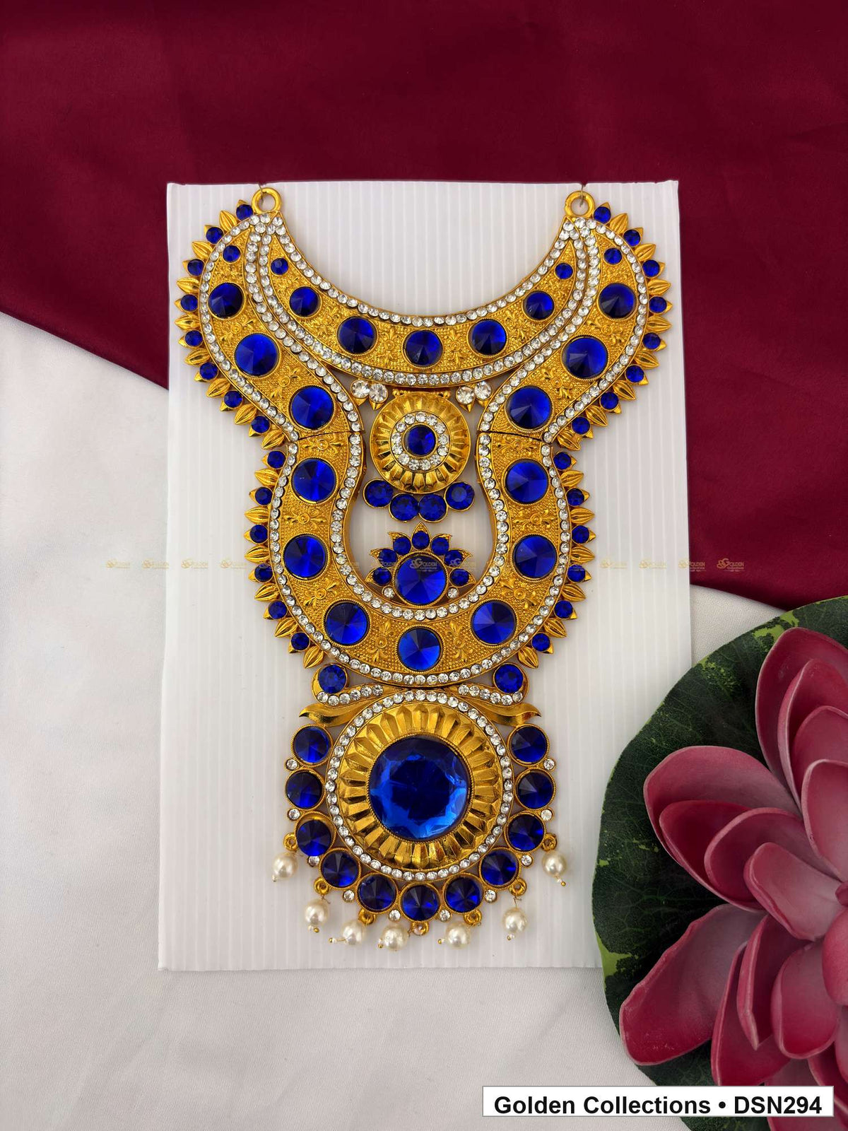 Deep Blue Graduated Arch Drop-Fringe Deity Short Necklace for Idol Alankaram full product view for deity idol alankaram