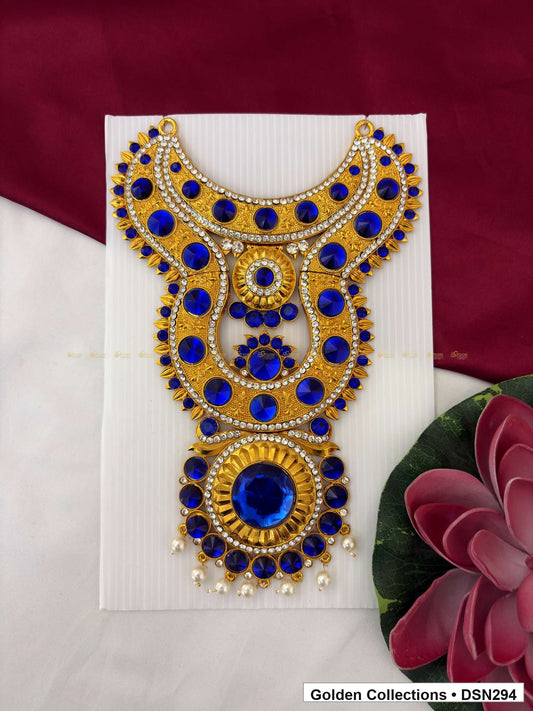 Deep Blue Graduated Arch Drop-Fringe Deity Short Necklace for Idol Alankaram full product view for deity idol alankaram