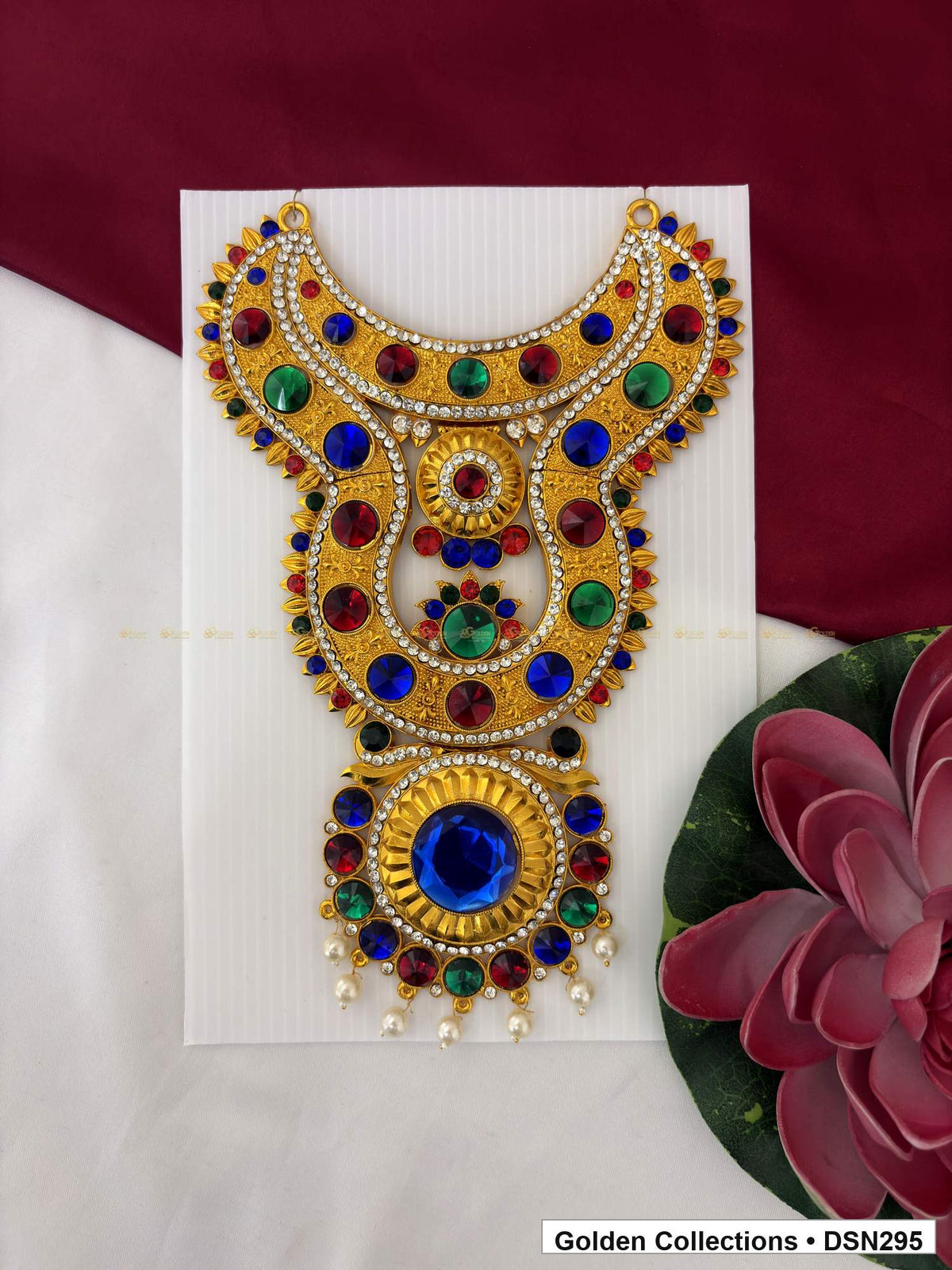 Rainbow Accent Blue-Center Sunburst Deity Short Necklace for Idol Alankaram full product view for deity idol alankaram