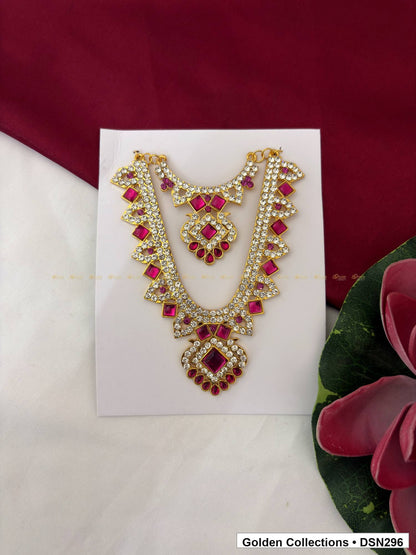 Magenta Diamond Double-V Pendant Deity Short Necklace for Idol Alankaram full product view for deity idol alankaram