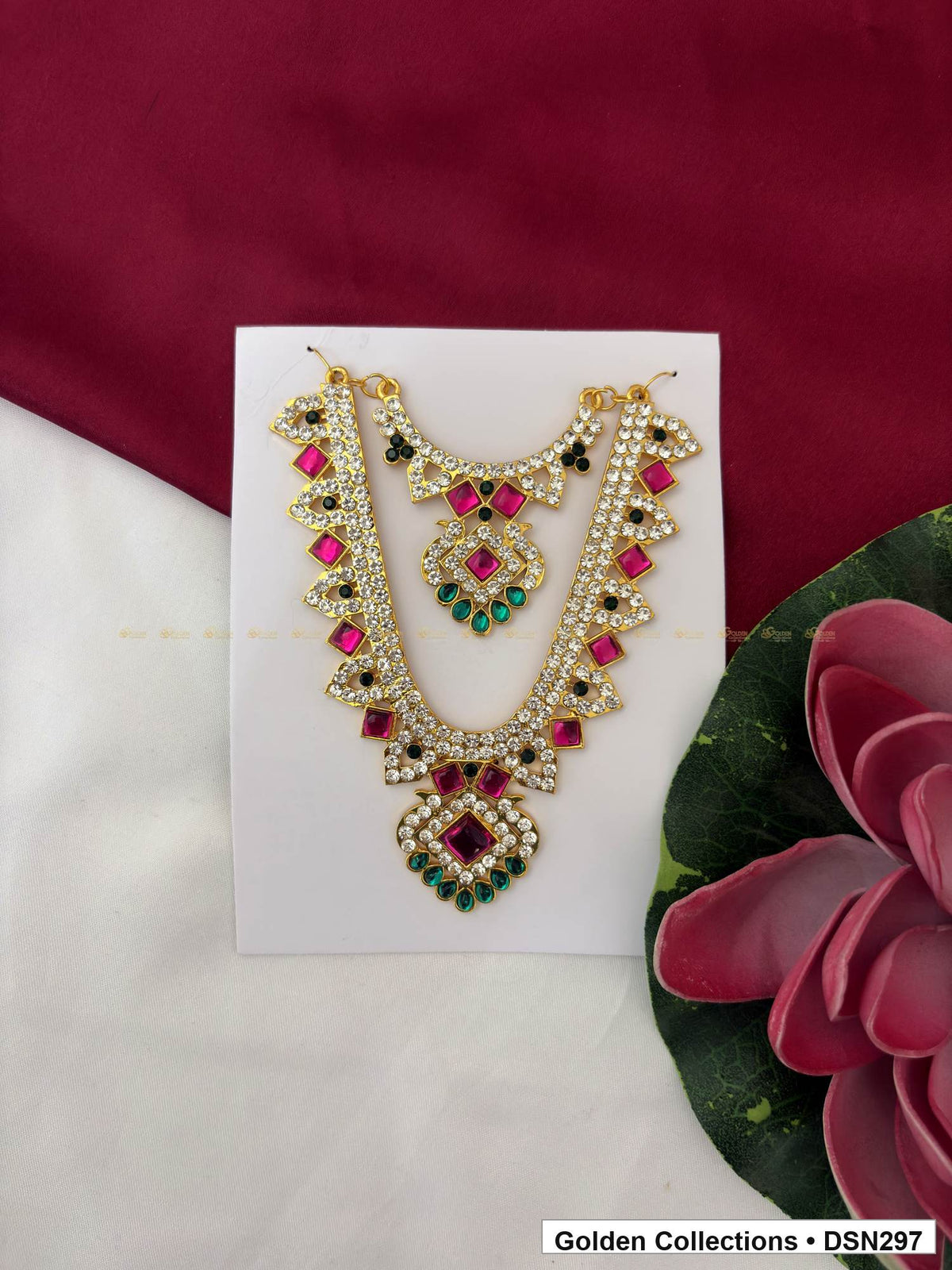 Layered Square Centre Fringe Deity Short Necklace for Idol Alankaram full product view for deity idol alankaram