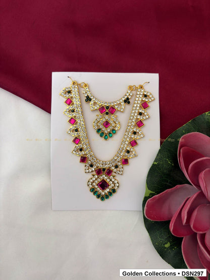 Layered Square Centre Fringe Deity Short Necklace for Idol Alankaram full product view for deity idol alankaram