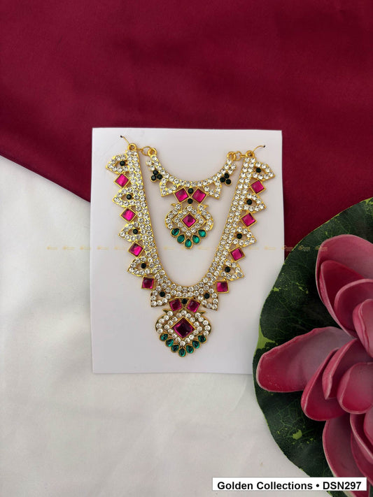 Layered Square Centre Fringe Deity Short Necklace for Idol Alankaram full product view for deity idol alankaram