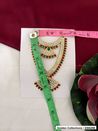 Alternate product view of Layered Fan and Green Teardrop Deity Short Necklace for Idol Alankaram for deity idol alankaram