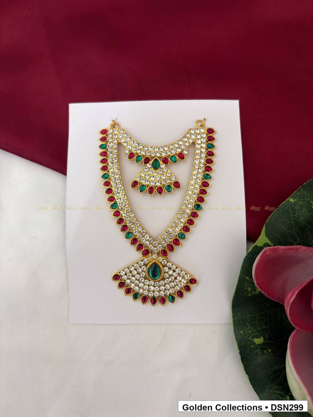 Layered Fan and Green Teardrop Deity Short Necklace for Idol Alankaram full product view for deity idol alankaram