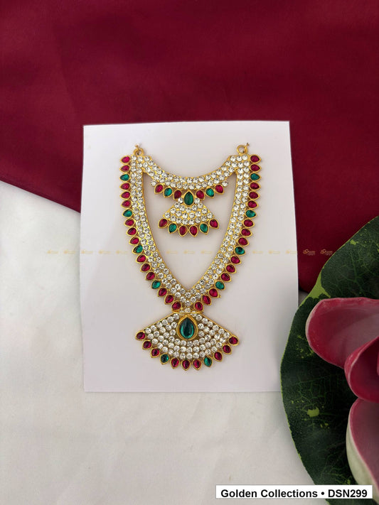 Layered Fan and Green Teardrop Deity Short Necklace for Idol Alankaram full product view for deity idol alankaram