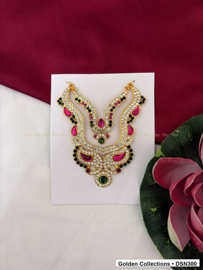 Scrollwork Teardrop and Round Drop Deity Short Necklace for Idol Alankaram full product view for deity idol alankaram