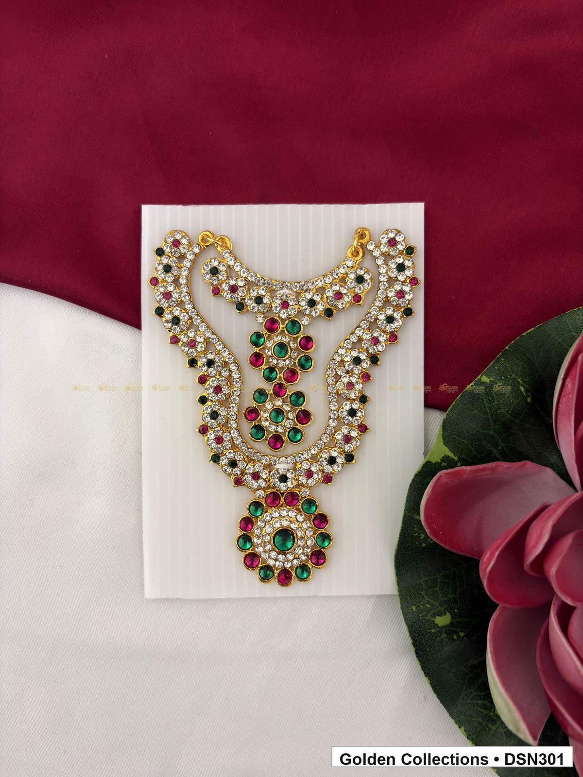 Ornate Scroll Cluster and Round Drop Deity Short Necklace for Idol Alankaram full product view for deity idol alankaram