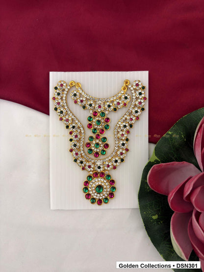 Ornate Scroll Cluster and Round Drop Deity Short Necklace for Idol Alankaram full product view for deity idol alankaram