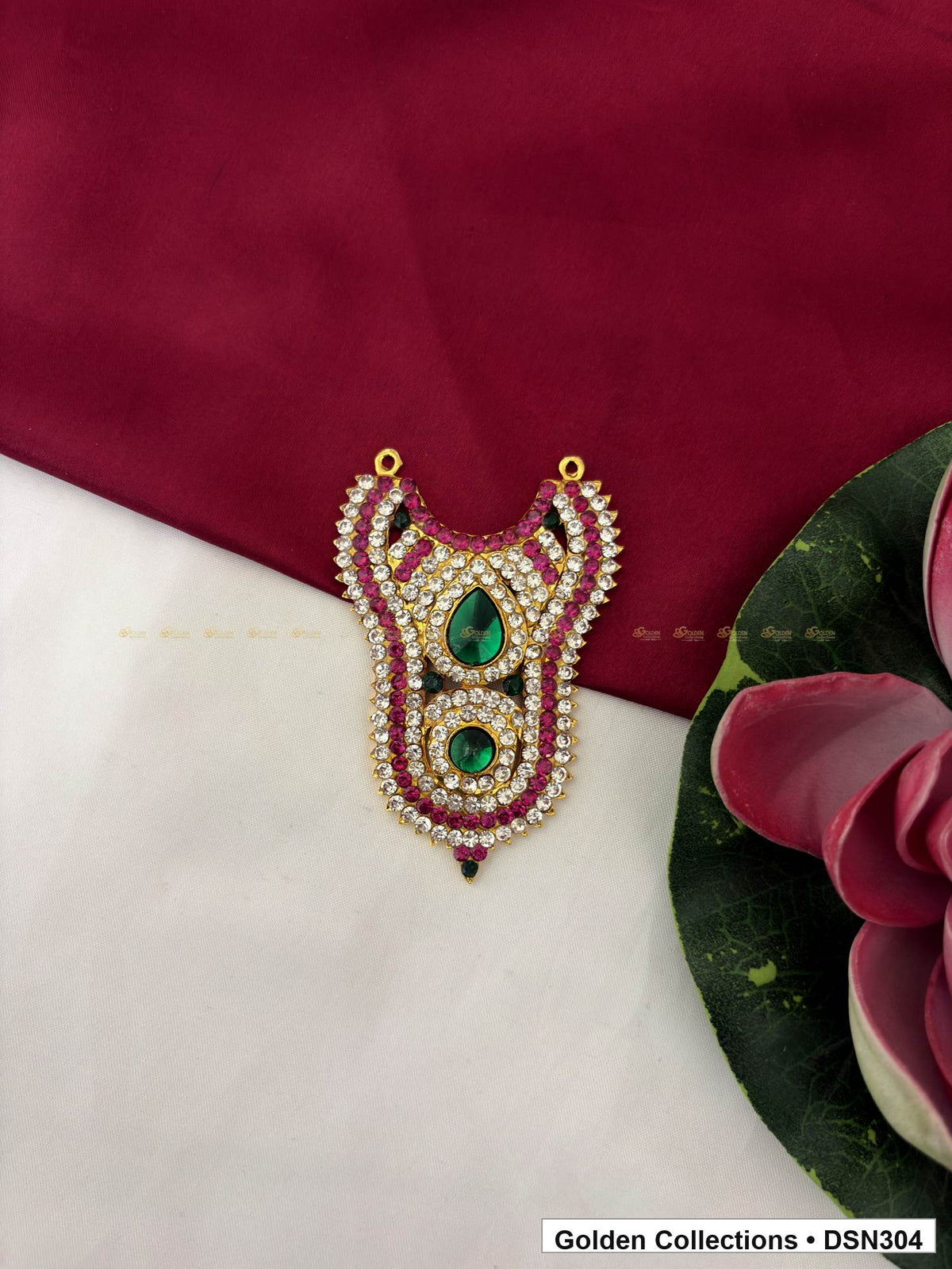 Paisley Scroll Green Teardrop Deity Short Necklace for Idol Alankaram full product view for deity idol alankaram
