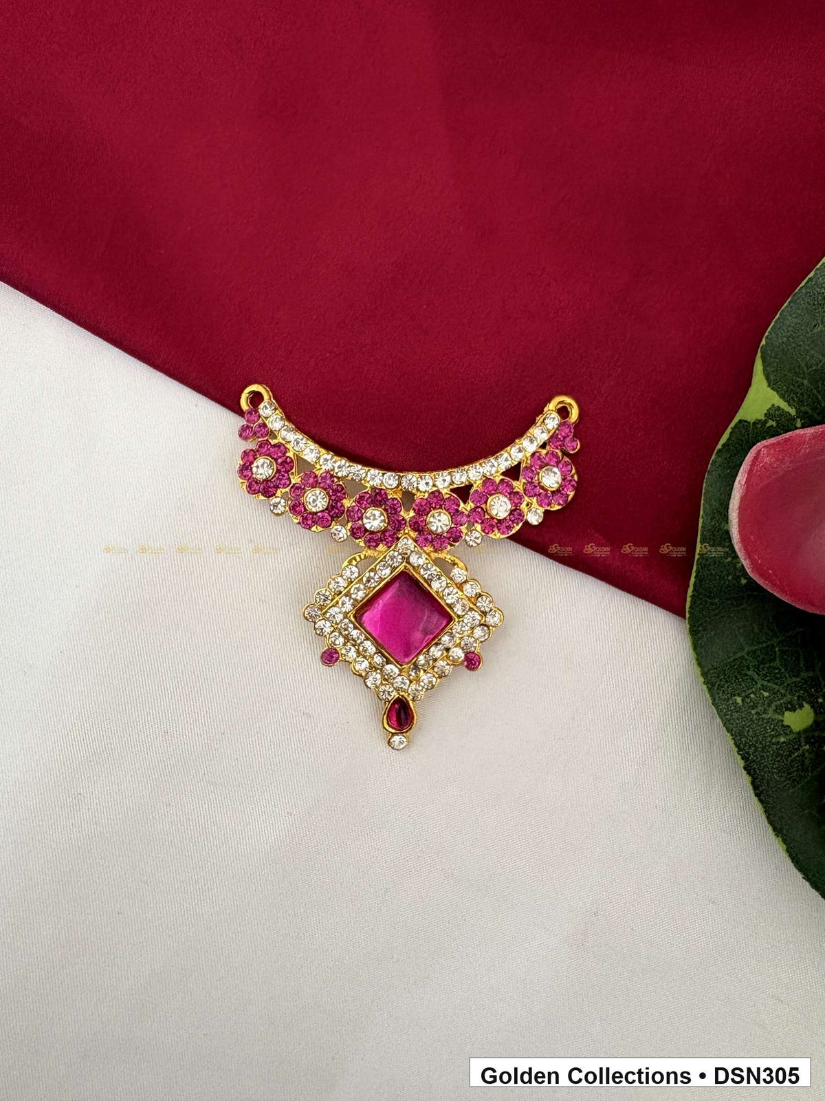 Pink Floral Collar with Square Pendant Deity Short Necklace for Idol Alankaram full product view for deity idol alankaram