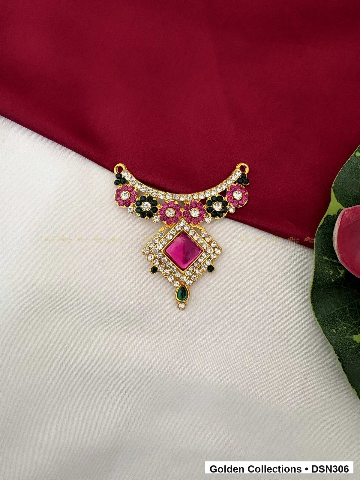 Alternating Pink Green Floral Collar Deity Short Necklace for Idol Alankaram full product view for deity idol alankaram