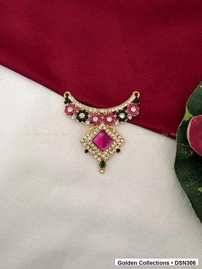 Alternating Pink Green Floral Collar Deity Short Necklace for Idol Alankaram full product view for deity idol alankaram