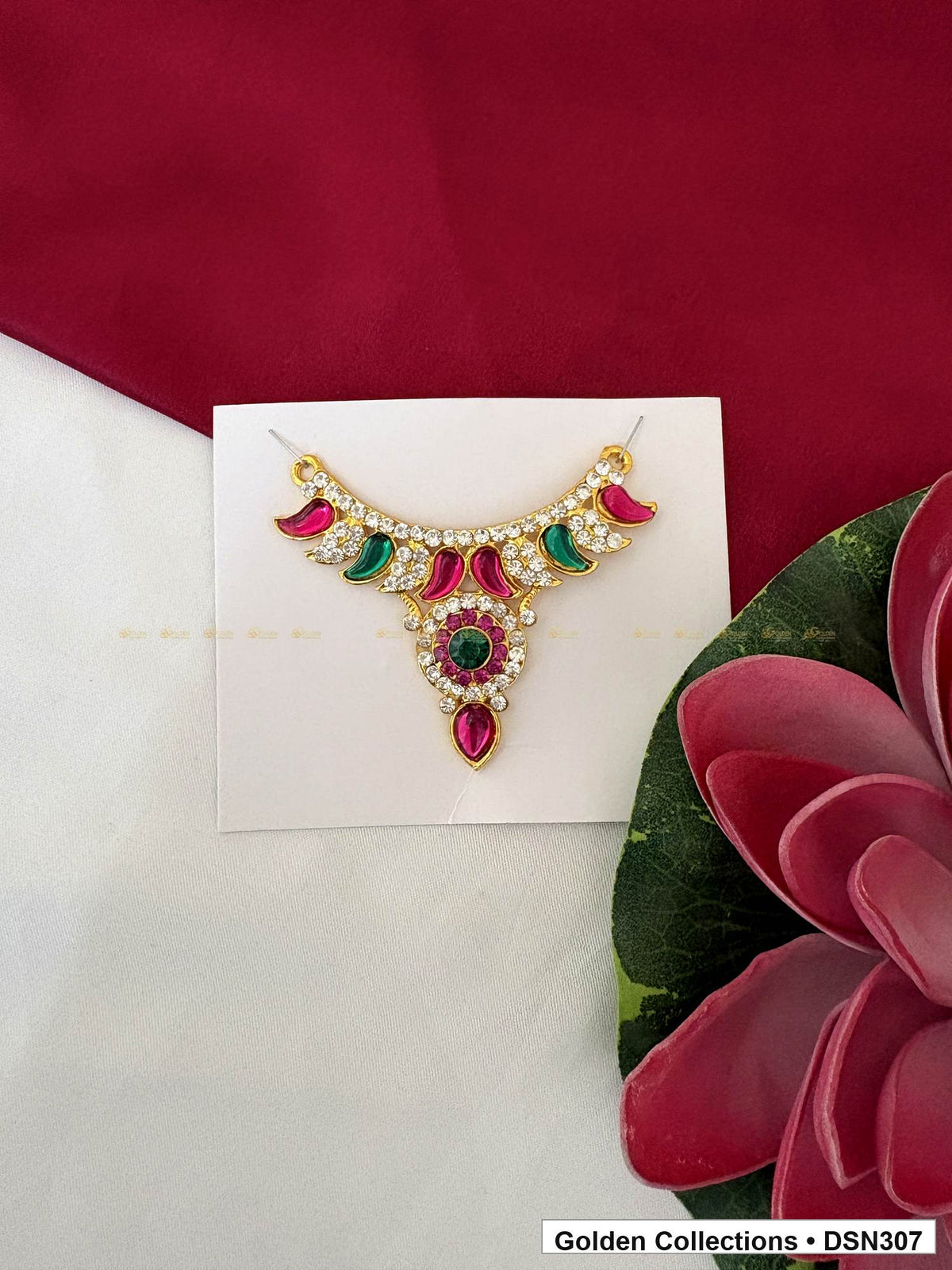 Fan Collar with Green Oval Centre Deity Short Necklace for Idol Alankaram full product view for deity idol alankaram