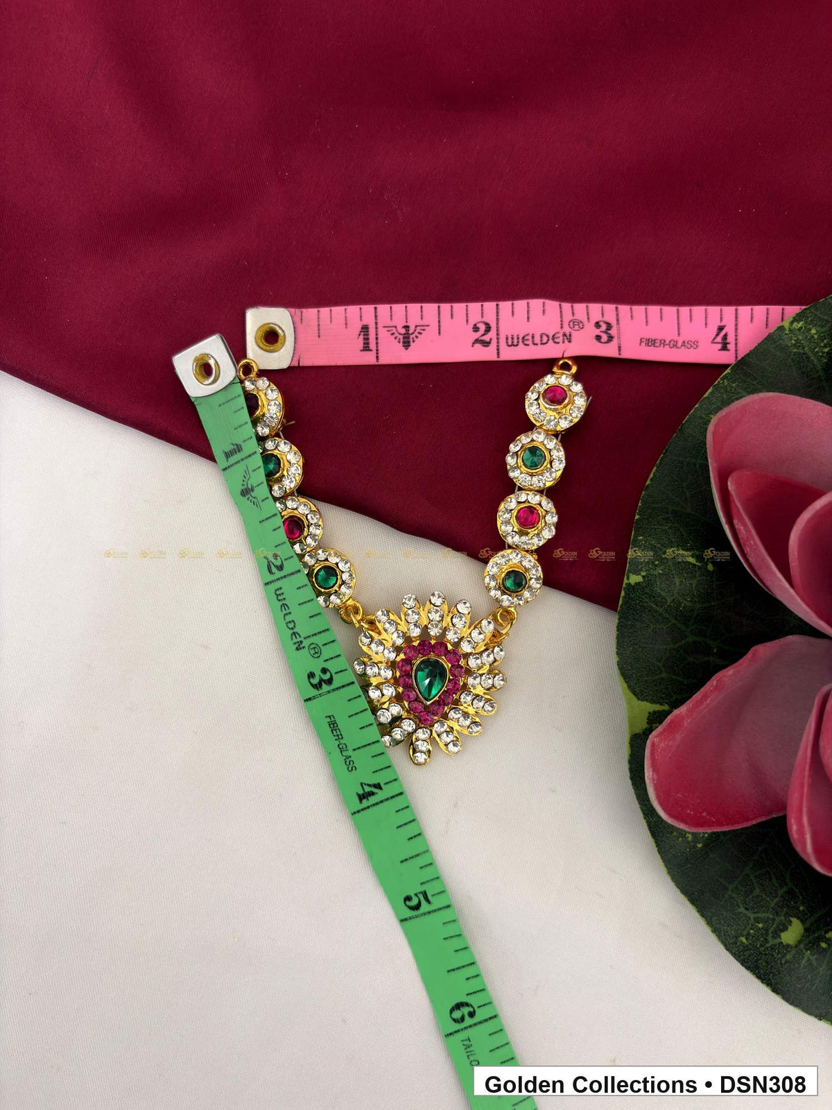 Alternate product view of Linked Floral V Collar with Green Centre Deity Short Necklace for Idol Alankaram for deity idol alankaram