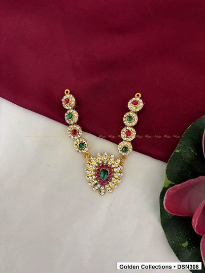 Linked Floral V Collar with Green Centre Deity Short Necklace for Idol Alankaram full product view for deity idol alankaram