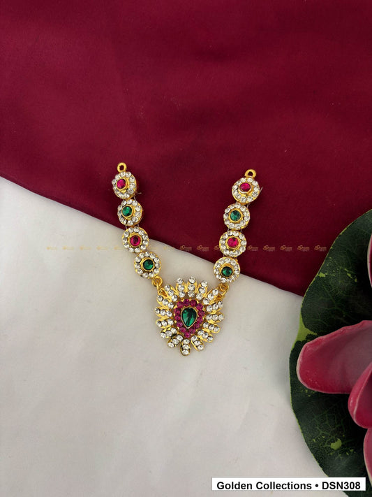 Linked Floral V Collar with Green Centre Deity Short Necklace for Idol Alankaram full product view for deity idol alankaram