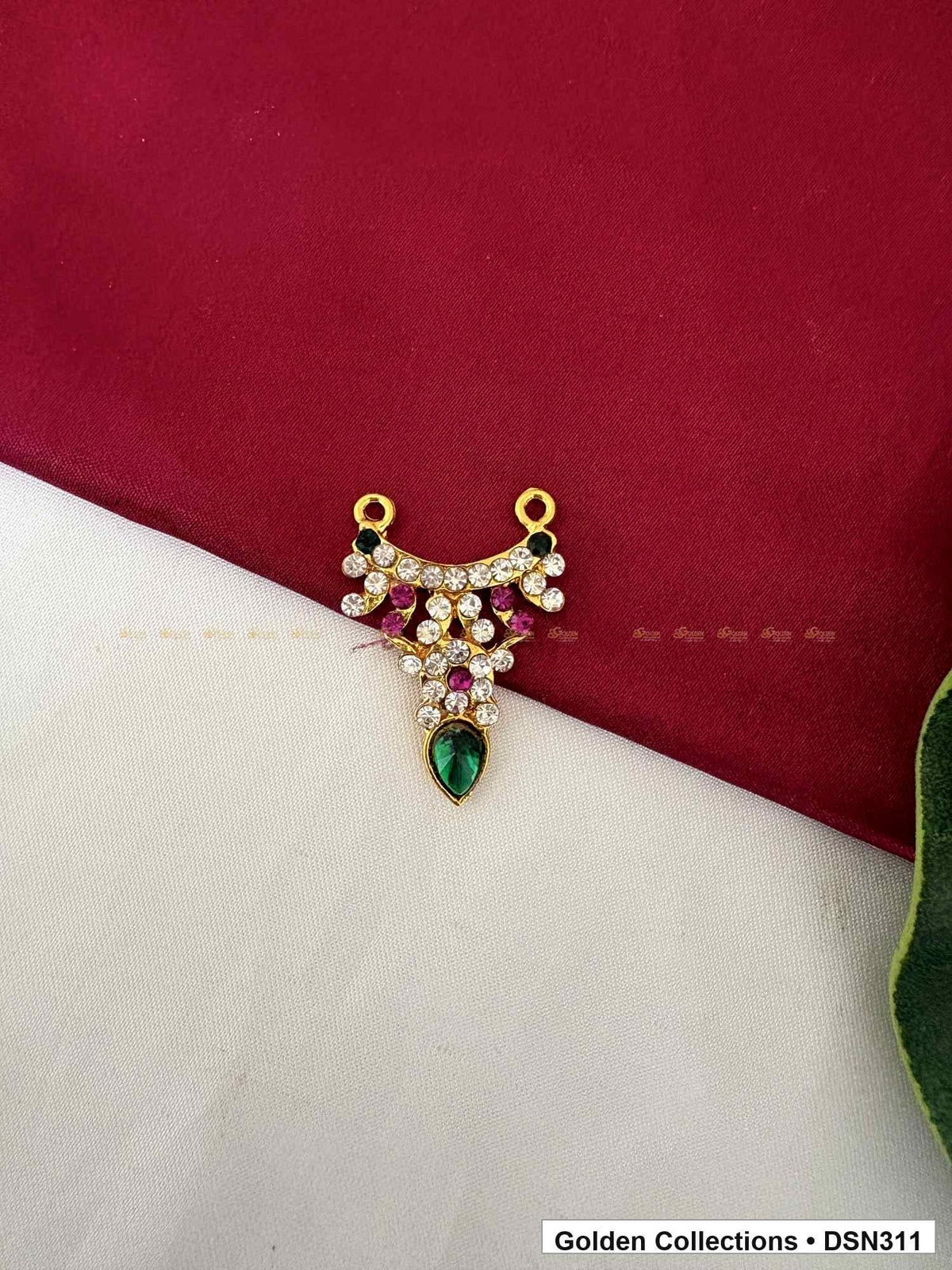 Pink Floral Wing with Green Teardrop Deity Short Necklace for Idol Alankaram full product view for deity idol alankaram