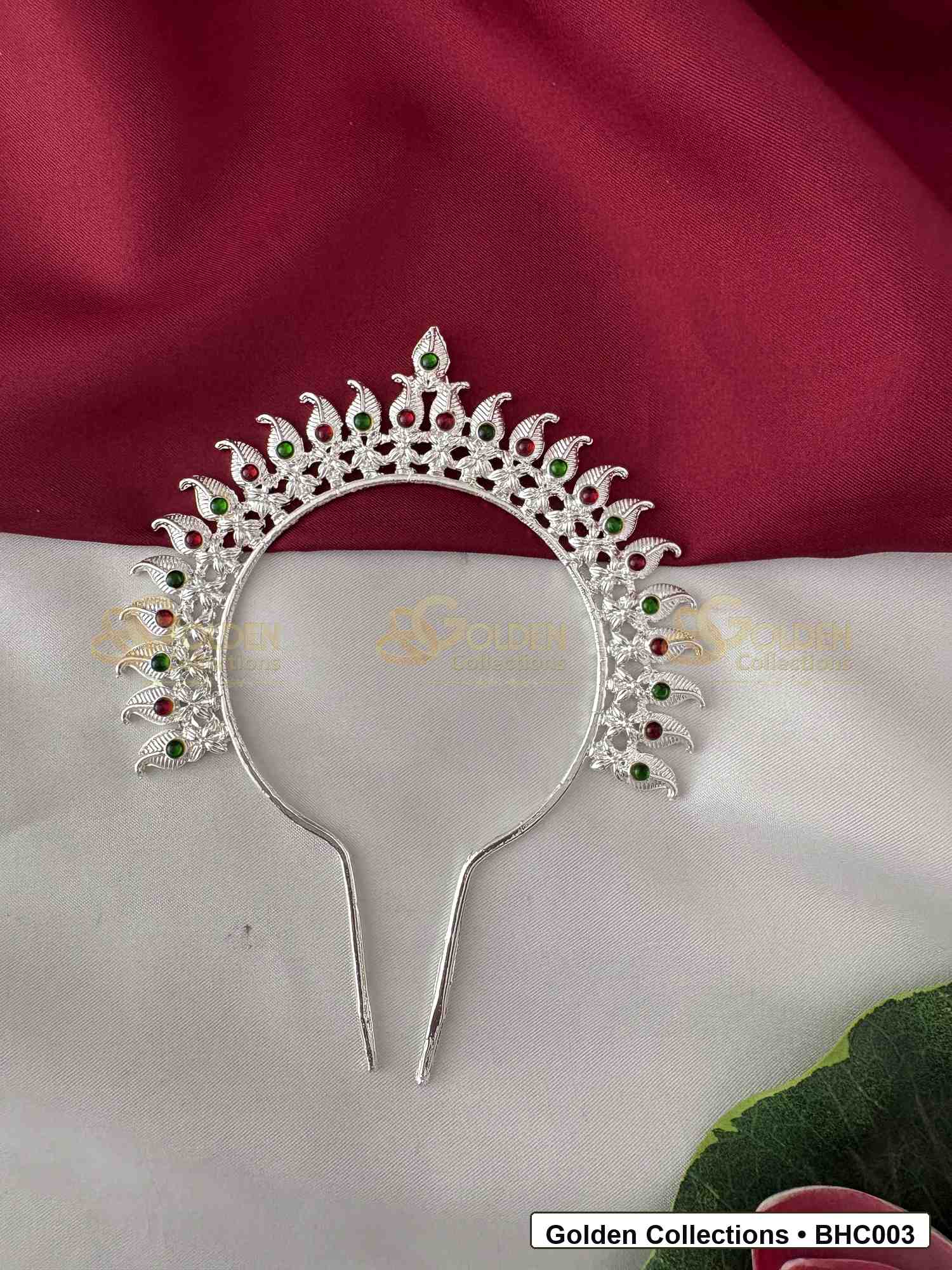 Front view of Floral Bharatanatyam Hair Crown for Dance Costume for Bharatanatyam dance hairstyle styling