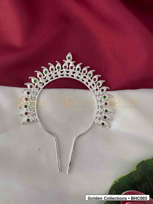 Front view of Floral Bharatanatyam Hair Crown for Dance Costume for Bharatanatyam dance hairstyle styling