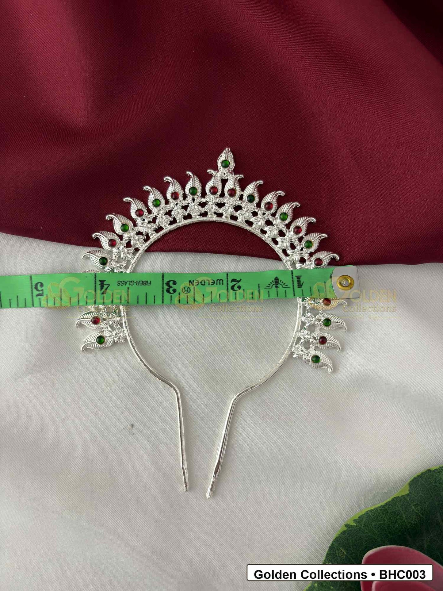 Side or detail view of Floral Bharatanatyam Hair Crown for Dance Costume showing crown shape and pinning reference