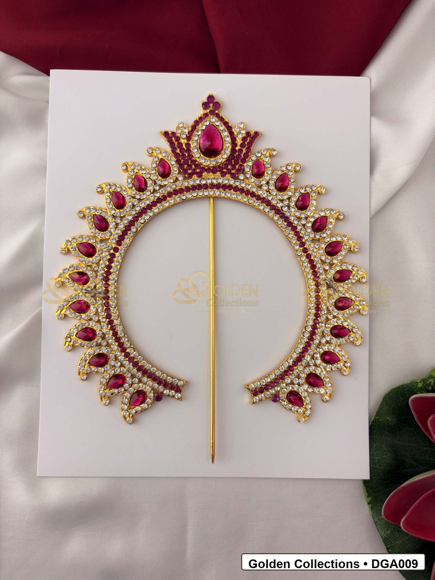 Front view of Floral Deity Arch for Idol Alankaram showing gold-plated arch shape with red, green and white stone accents