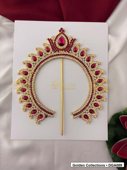 Front view of Floral Deity Arch for Idol Alankaram showing gold-plated arch shape with red, green and white stone accents