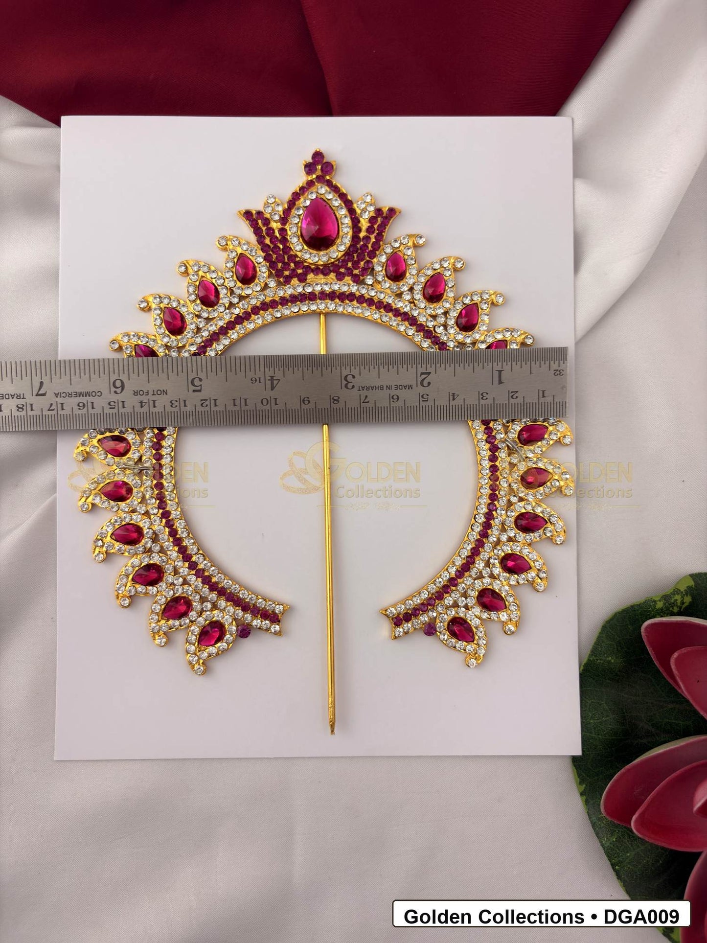 Back or measurement view of Floral Deity Arch for Idol Alankaram for crown and idol framing reference