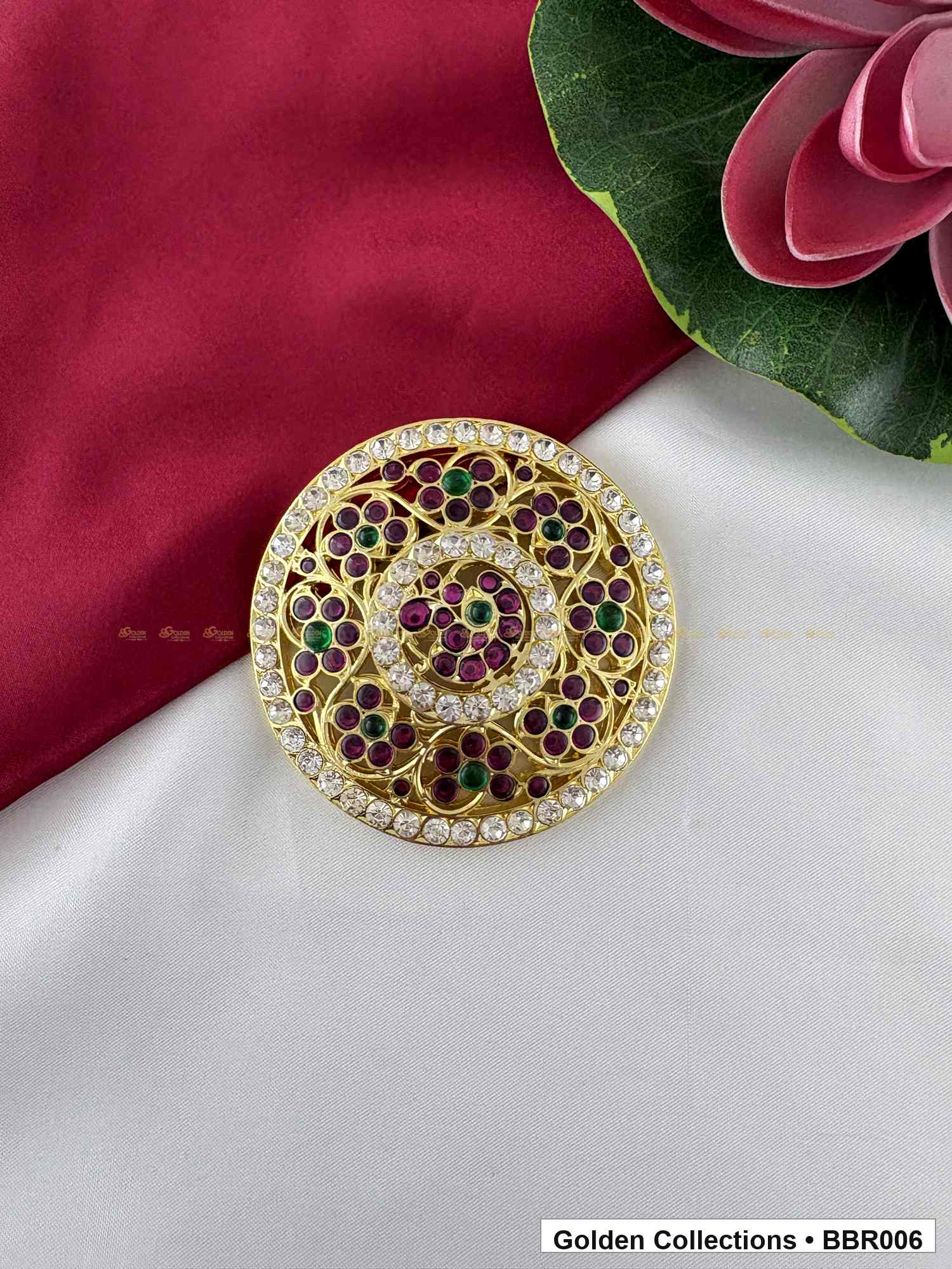 Front view of Floral Round Real Kemp Rakodi for Bharatanatyam from Golden Collections