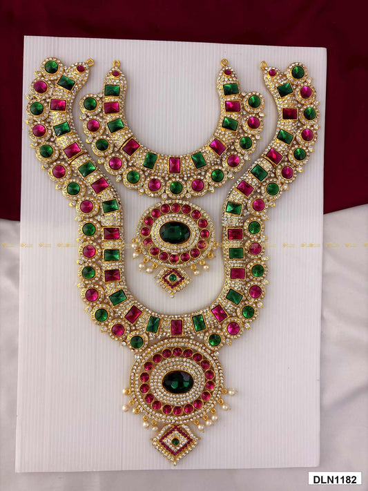 Front view of deity chest long haram with multicolor stones and gold plating for idol alankaram