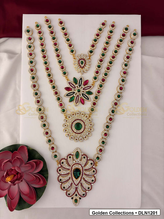 Front view of Four Step Deity Haram Set with Multicolor Stones for Idols showing gold-plated deity haram styling with multicolor stone work