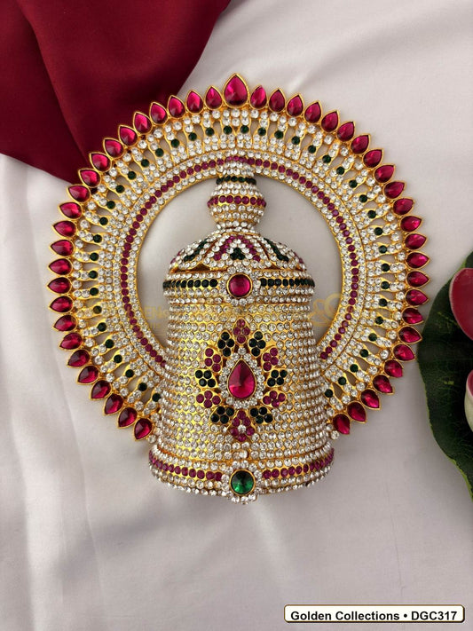 Front view of Deity Full Round Stone Crown Mukut with Pink Green Stones 7 x 5 x 3 inches DGC317 from Golden Collections