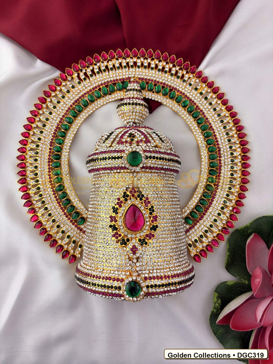 Front view of Deity Full Round Stone Crown Mukut with Pink Green Stones 10 x 7 x 4 inches DGC319 from Golden Collections