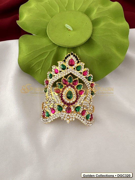 Front view of Small Arch Deity Crown Mukut with Pink Green Stones 3.5 x 4 x 3 inches DGC320 from Golden Collections