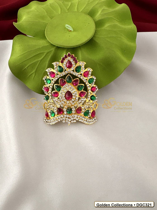 Front view of Small Layered Arch Deity Crown Mukut Pink Green Stones 3 x 3 x 2.5 inches DGC321 from Golden Collections
