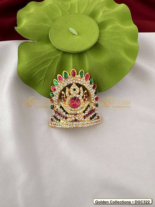 Front view of Small Round Arch Deity Crown Kireedam Pink Green Stones 2.5 x 3.5 x 2.5 inches DGC322 from Golden Collections